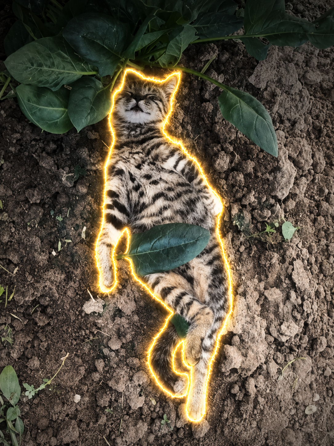 Tabby cat sleeping on its back in soil with a golden outline
